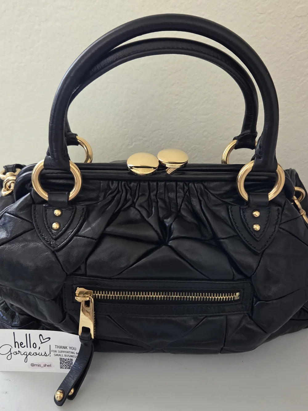 Black Quilted Leather Satchel with Gold Chain